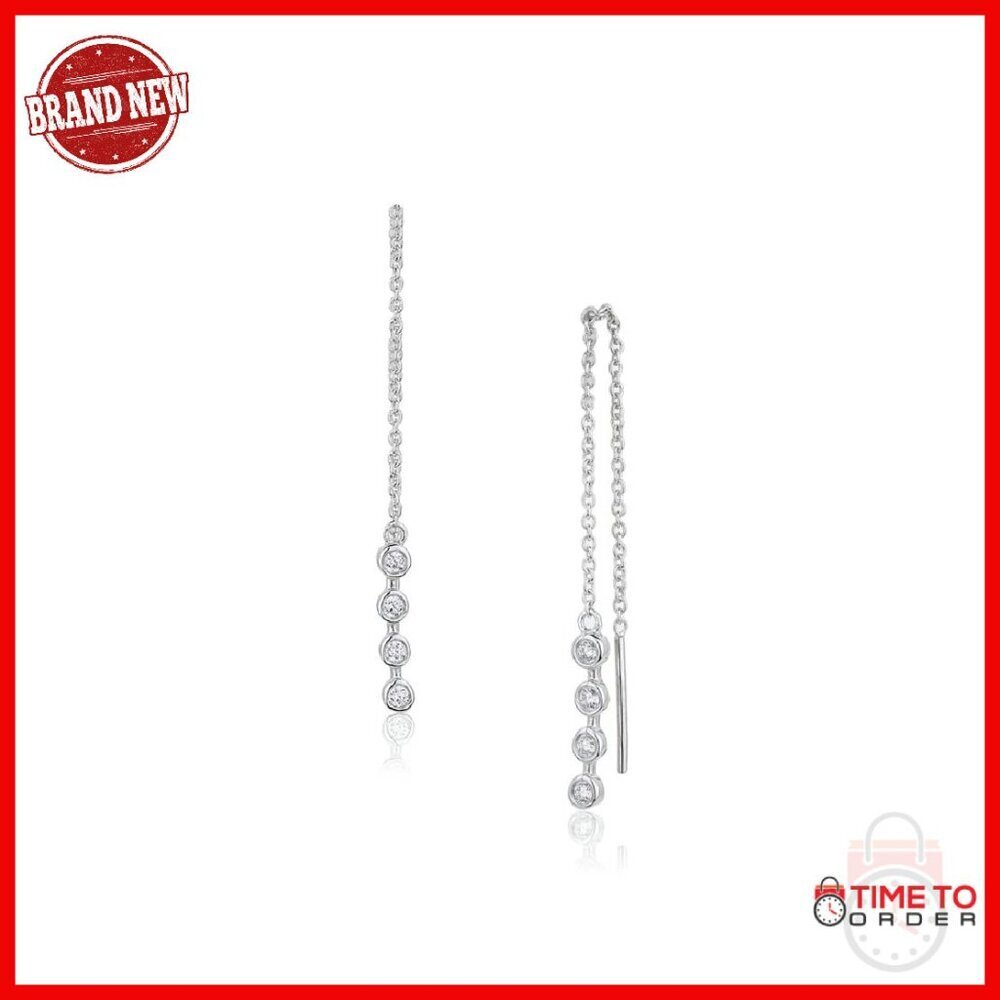 Sterling Silver Threader Drop Earrings with Cubic Zirconia - 4x18mm
